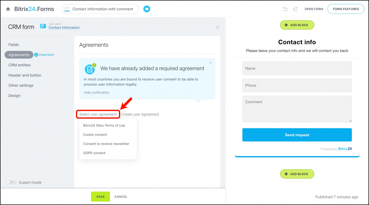 Select user agreement