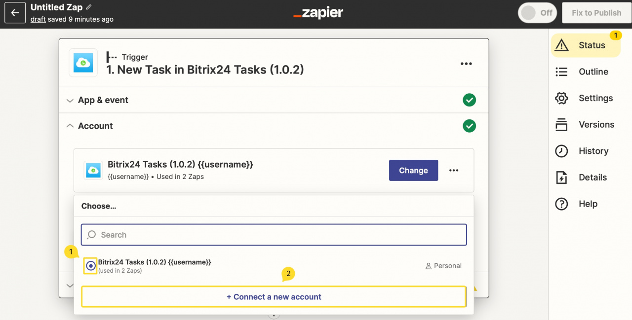 Zapier for Tasks. Connect an account.jpeg