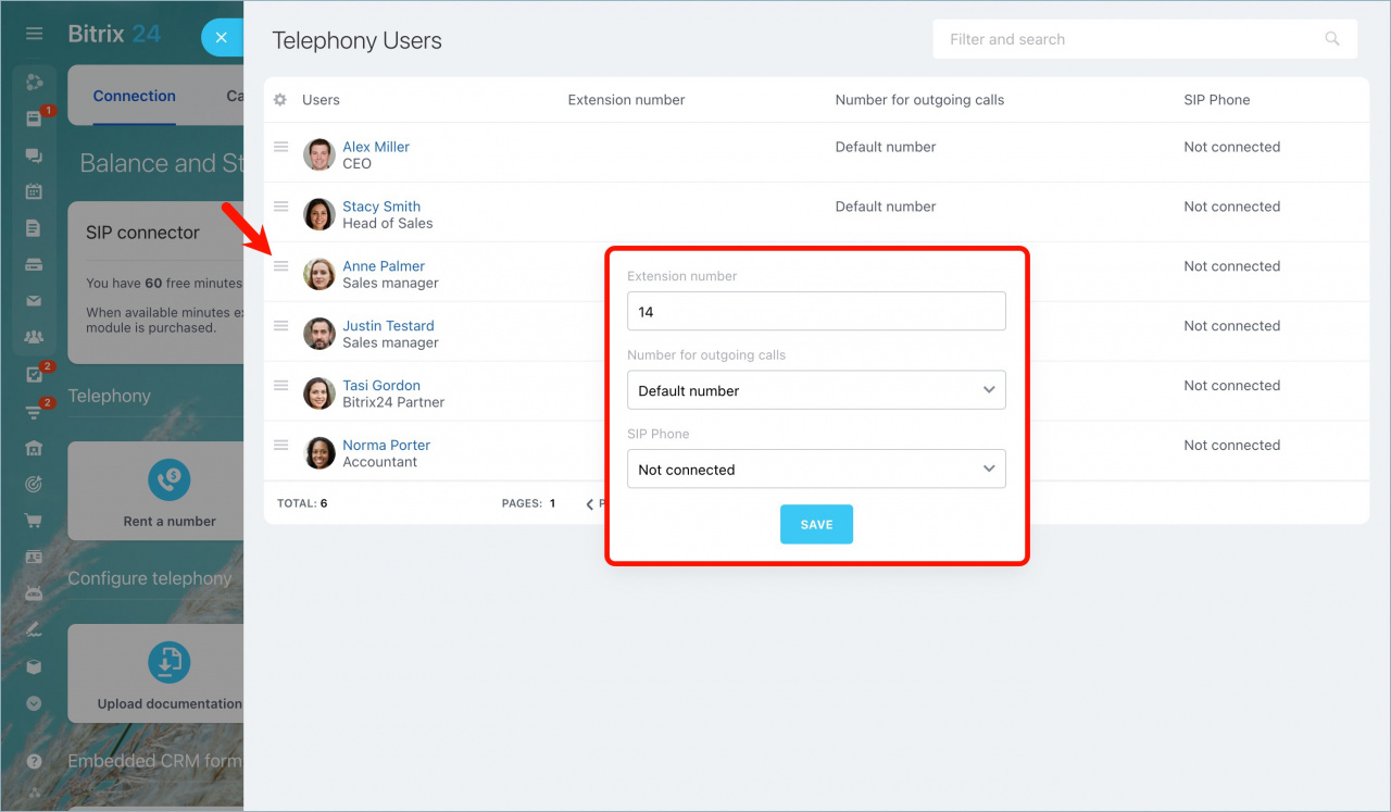 Telephony users and extension numbers