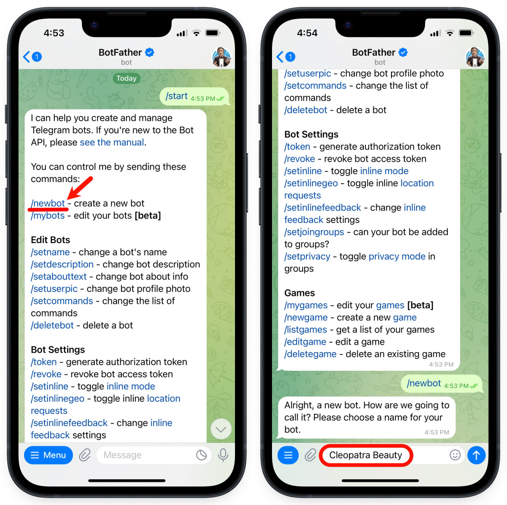 Telegram bot commands