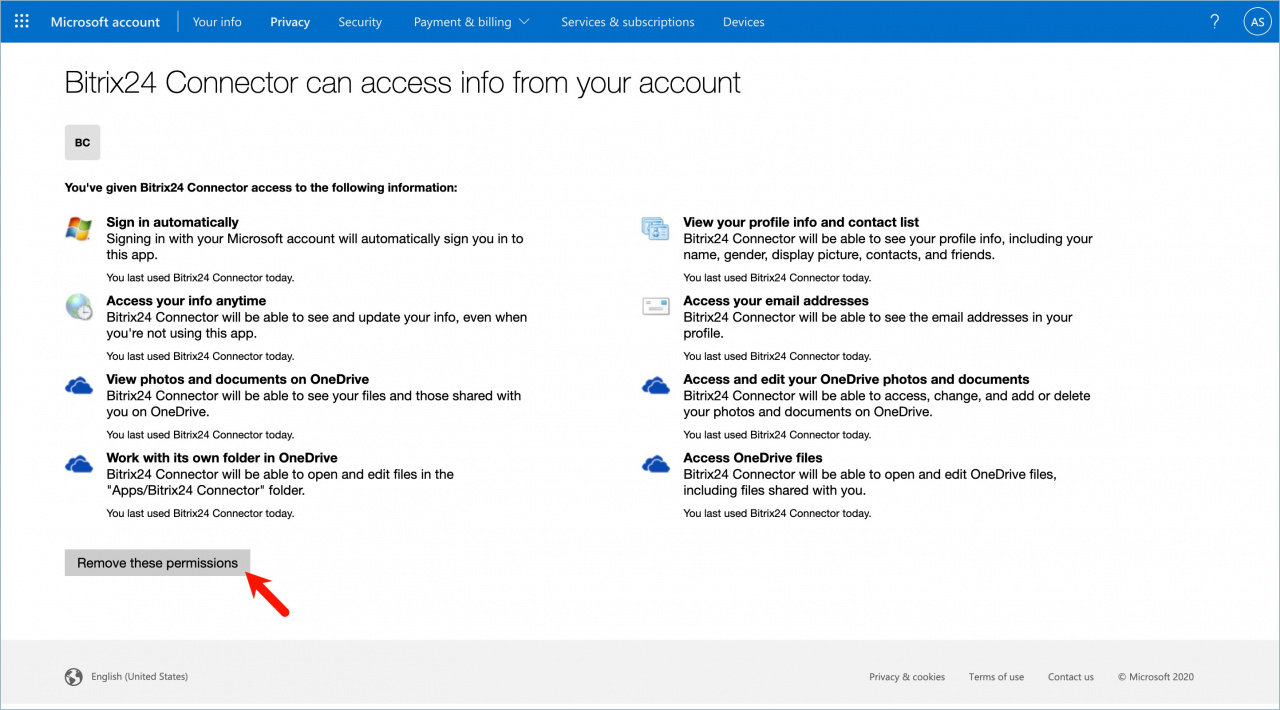 Microsoft: remove permissions