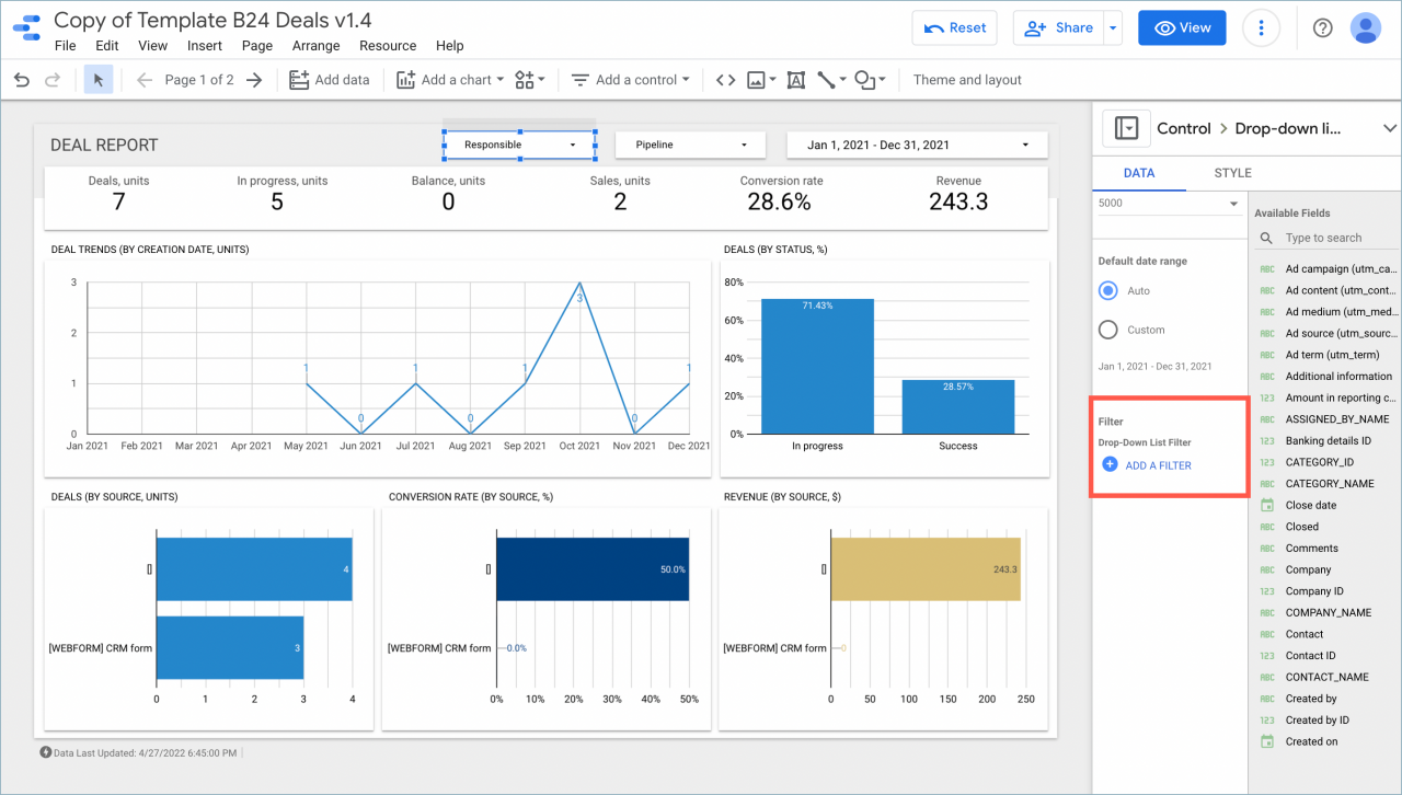 Filter deal report in Google Looker Studio