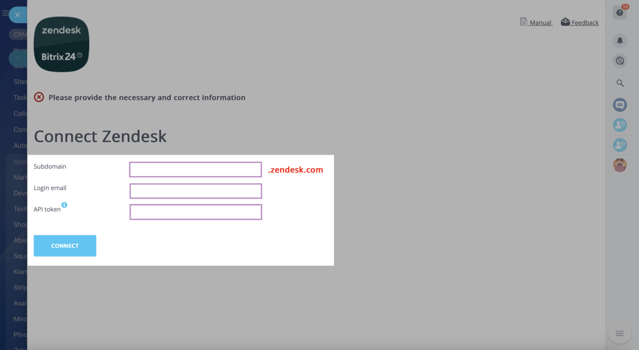 Zendesk Integration. Connection parameters to provide.jpg